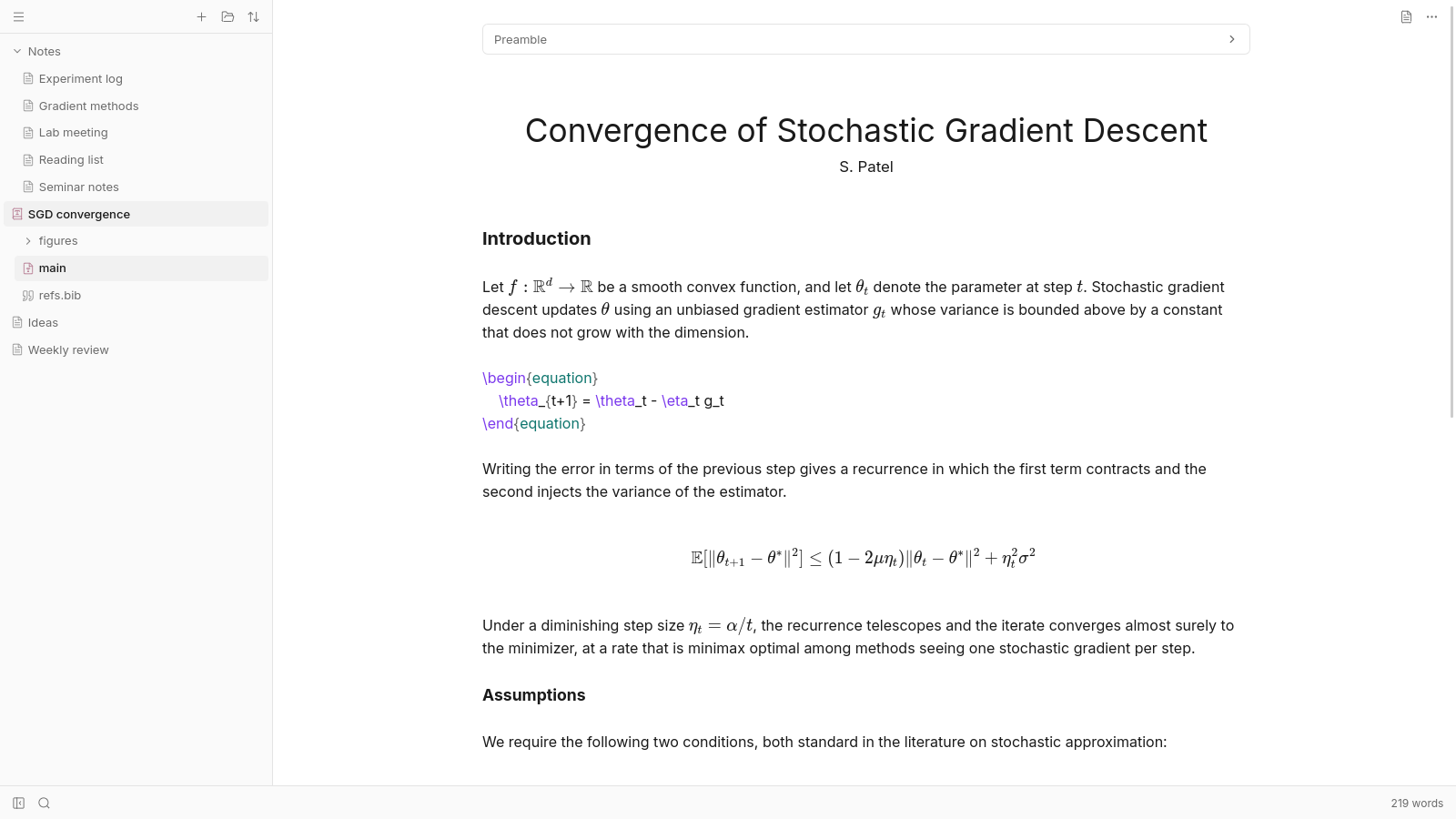 A LaTeX paper open in Deft: the source rendered live, with the cursor inside one equation showing its markup while the next stays typeset.