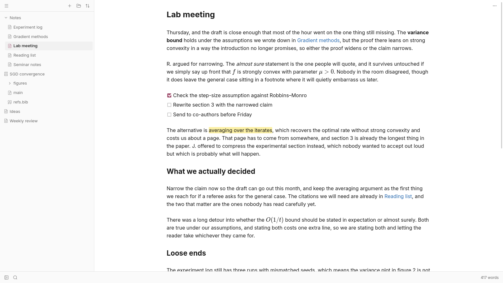 A Markdown note open in Deft: headings, bold and italic text, wiki links, a task list and a highlight, all rendered as you write them.